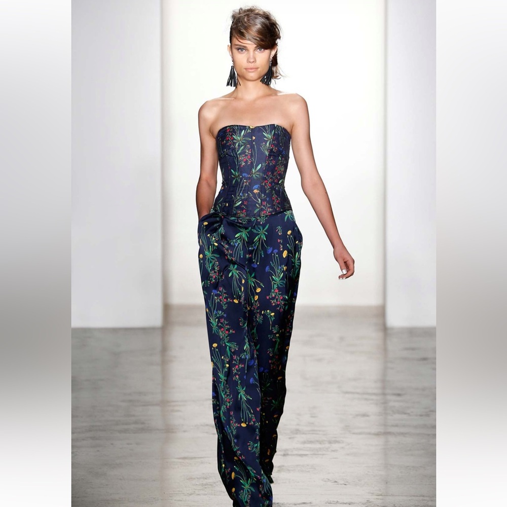 Marissa Webb Navy Floral Strapless Top and Matching Silk Skirt